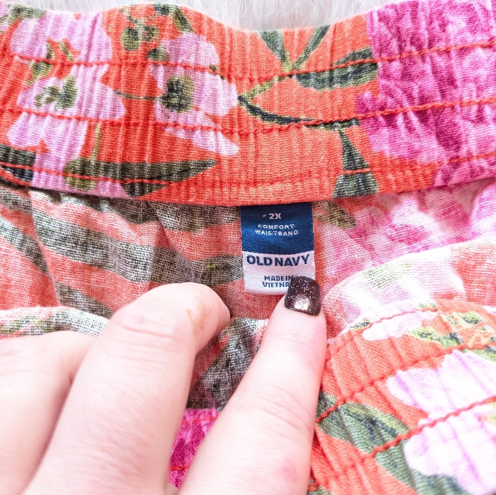 Old Navy Coral Orange Pink And Green Tropical Print Linen Shorts Size 2X - Picture 5 of 8